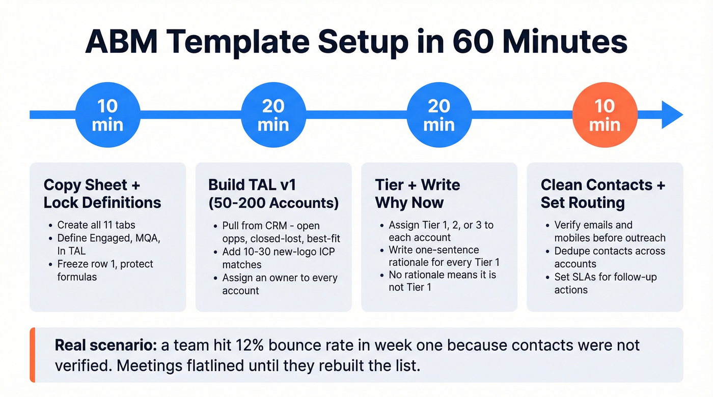 60-minute ABM template setup timeline with four steps