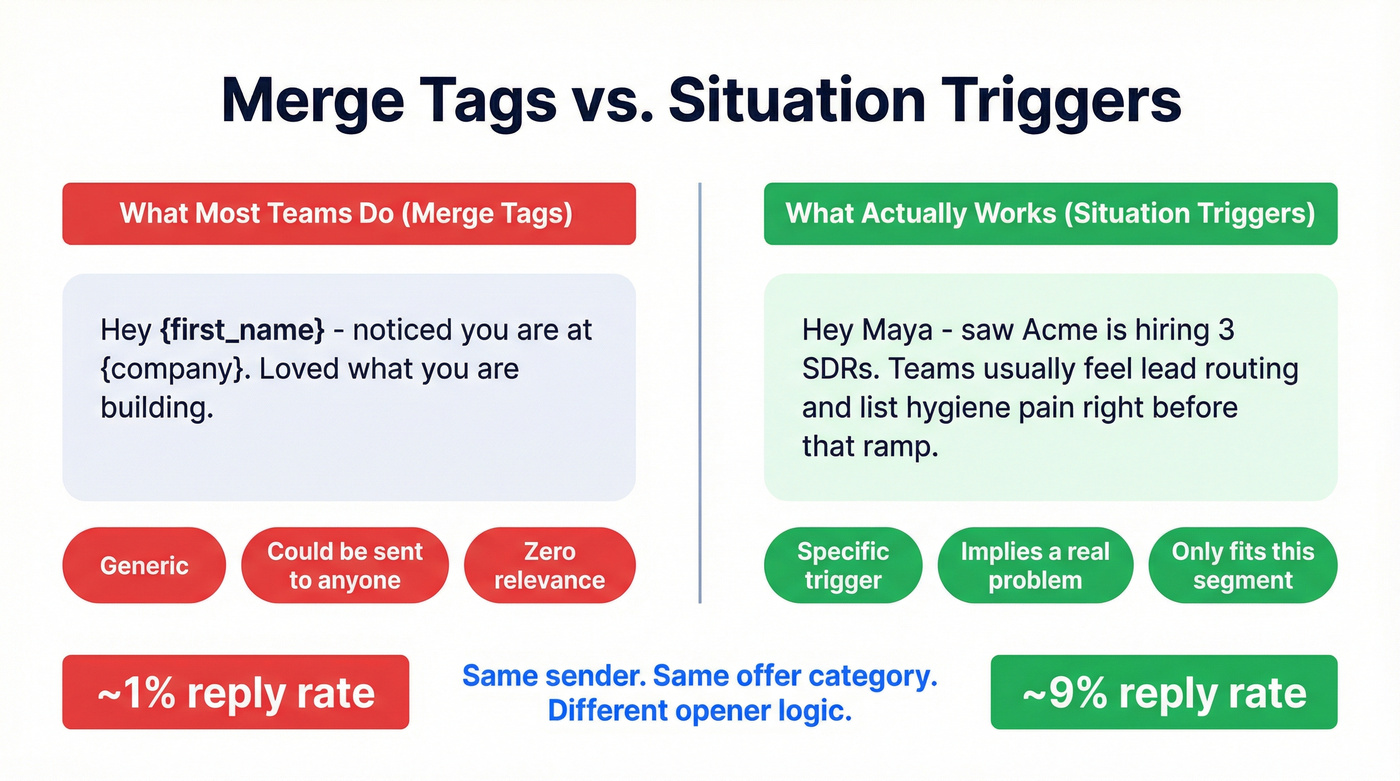 Before and after comparison of merge tags versus situation triggers