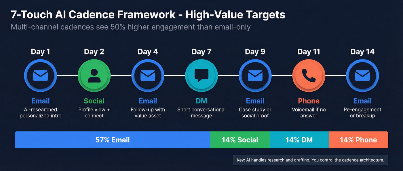 Visual 7-touch multi-channel cadence timeline with channels
