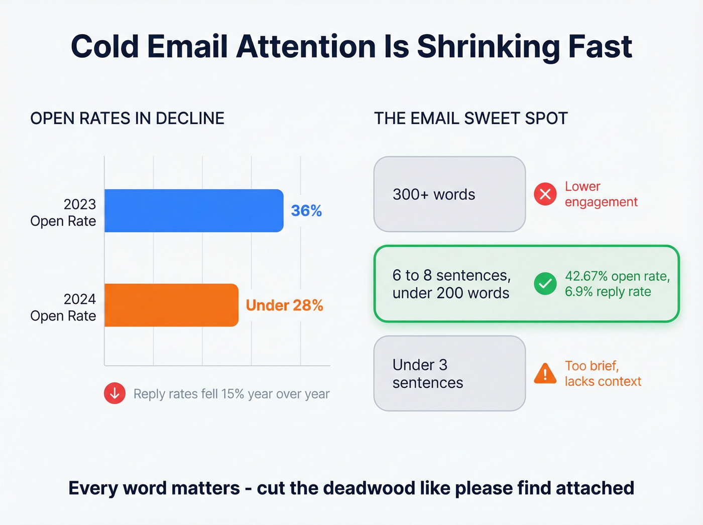 Cold email performance data showing declining attention and optimal length