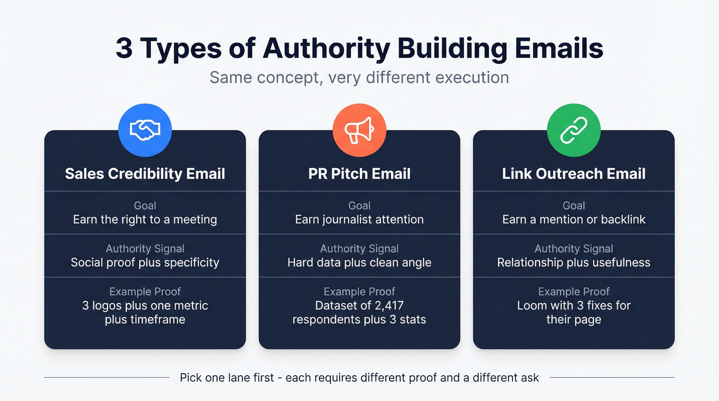 Three types of authority building emails compared