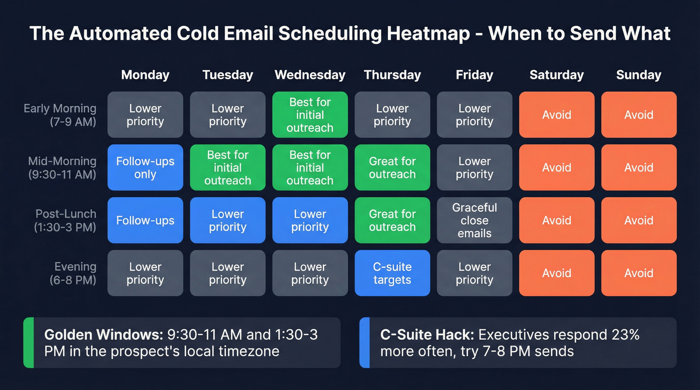 Weekly cold email scheduling heatmap with best days and times