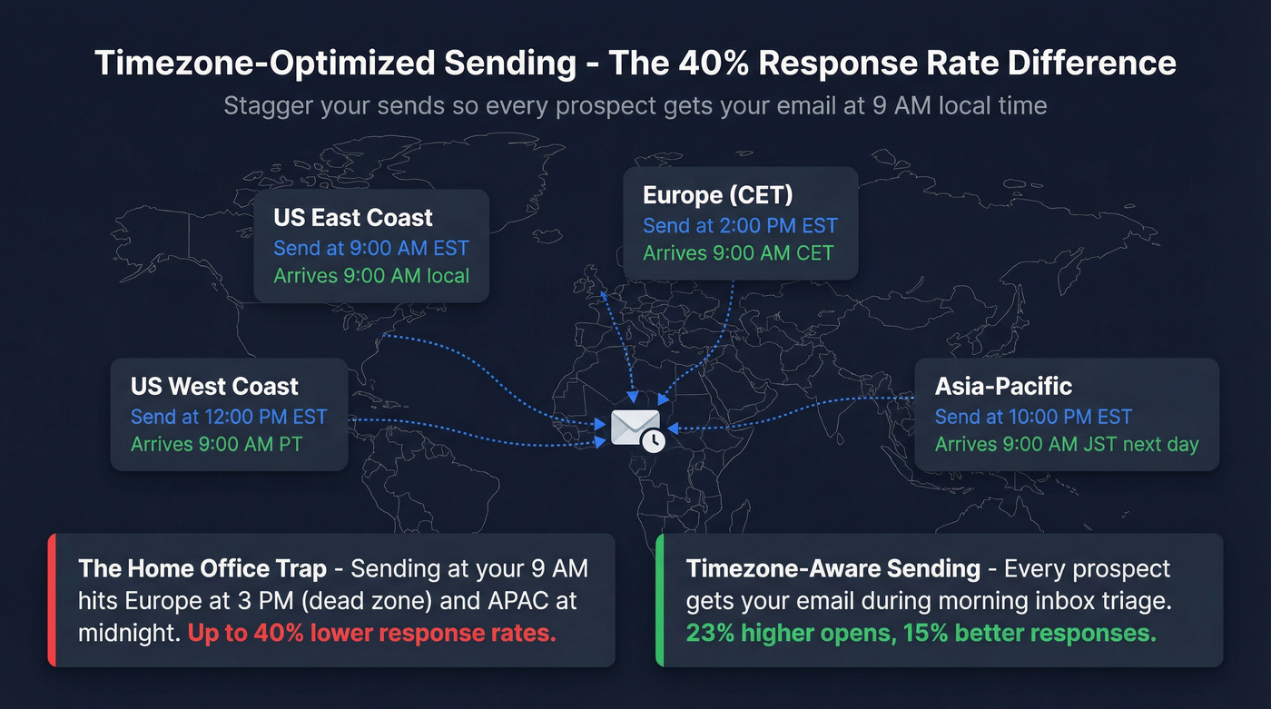 Global timezone staggered sending schedule diagram