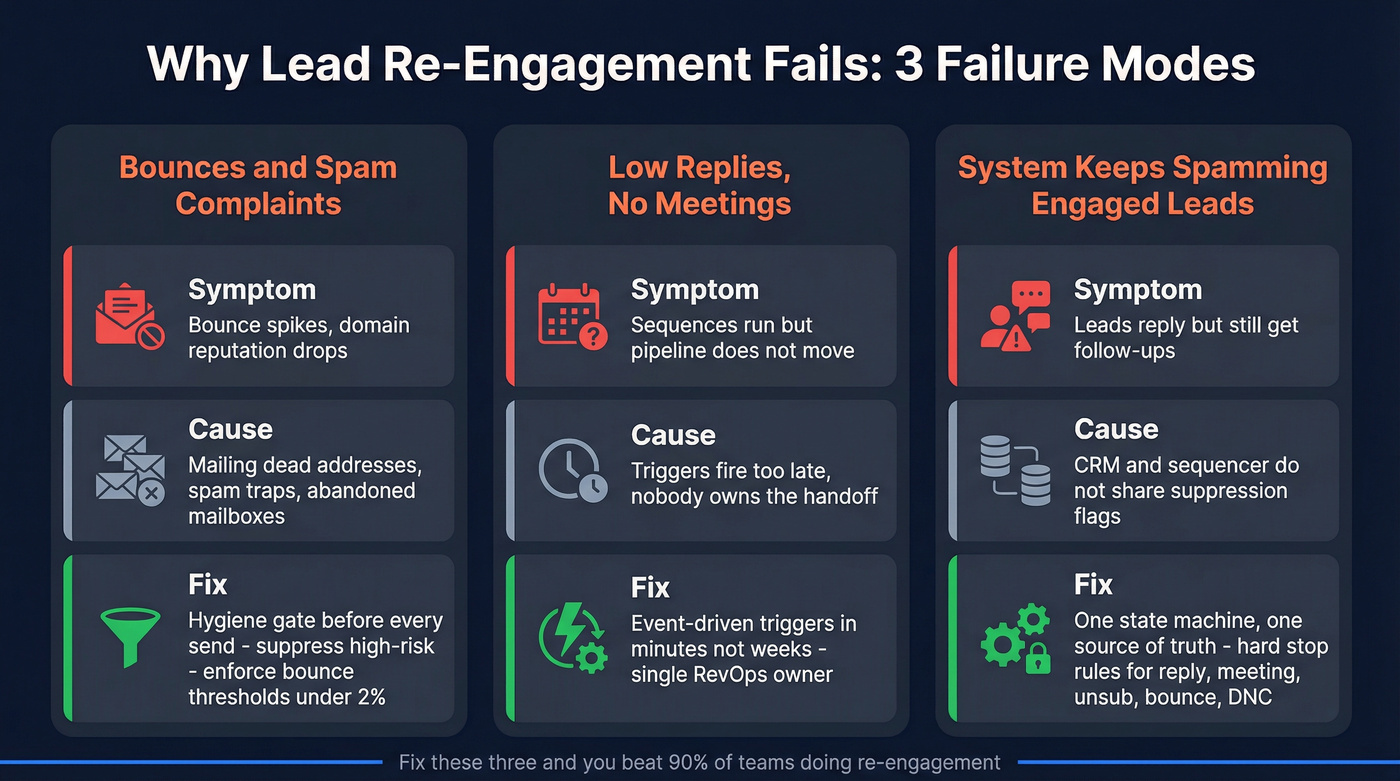 Three failure modes of lead re-engagement with symptoms, causes, and fixes