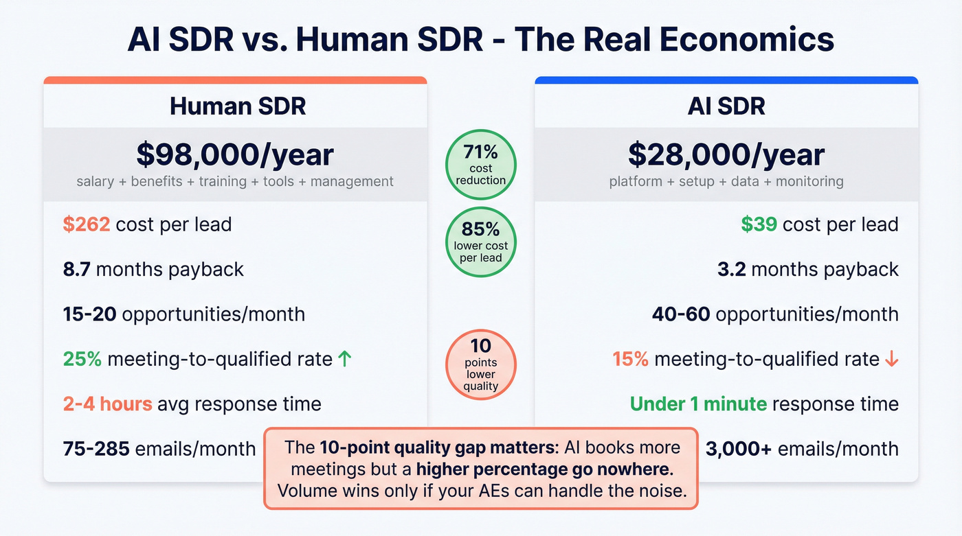 AI SDR vs Human SDR cost and performance comparison