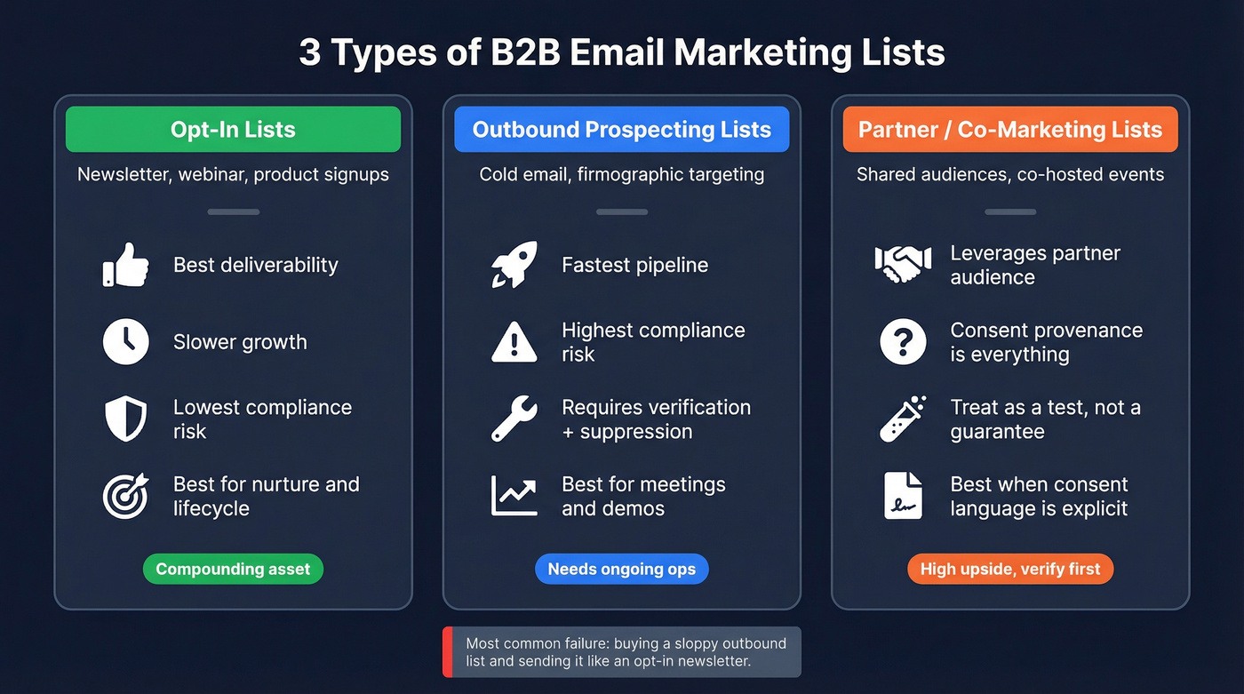 Three B2B email list types compared side by side