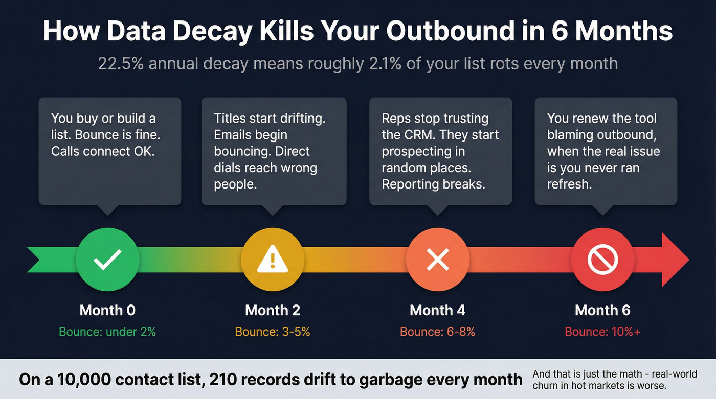 Six-month data decay timeline showing progressive failure mode