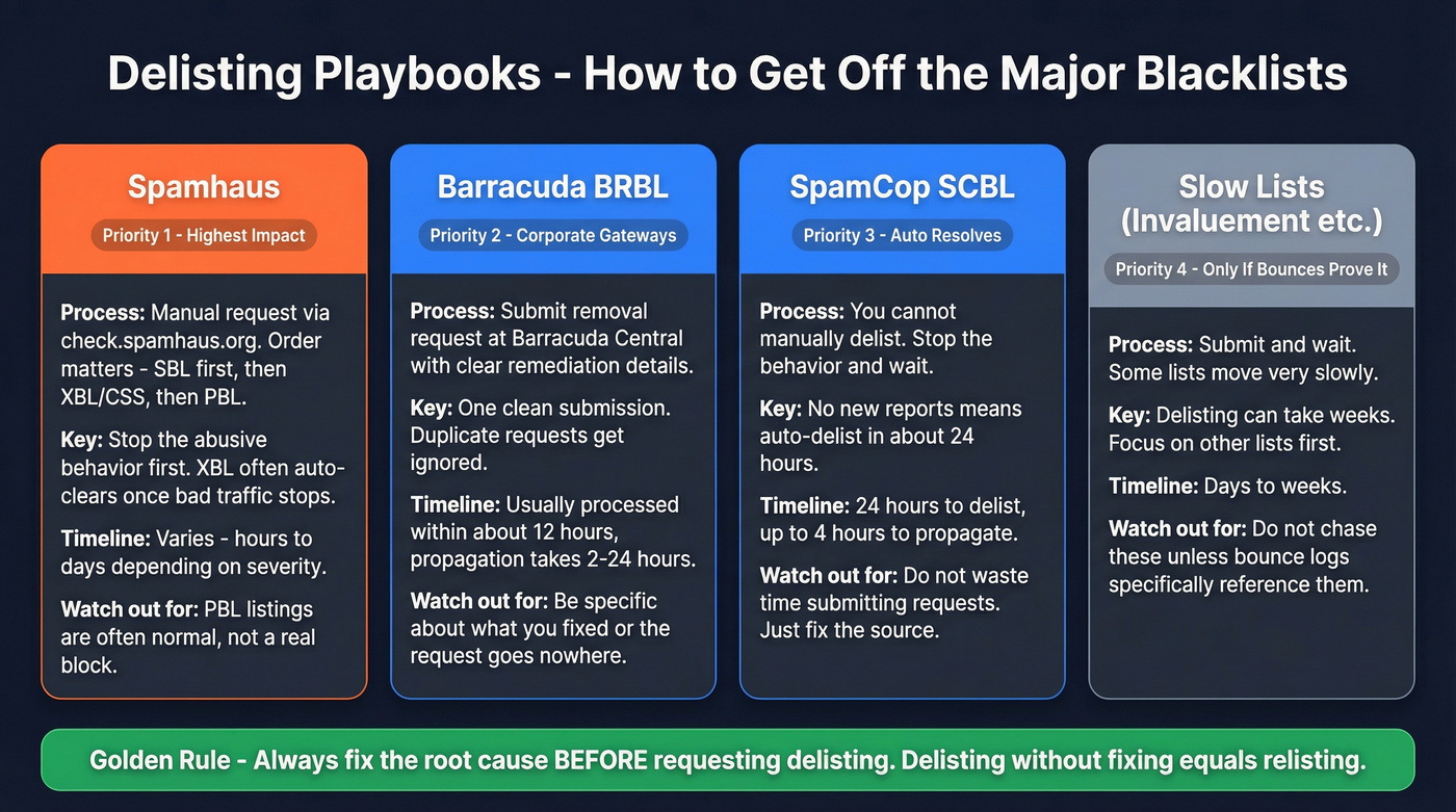 Side-by-side delisting process comparison for major blacklists