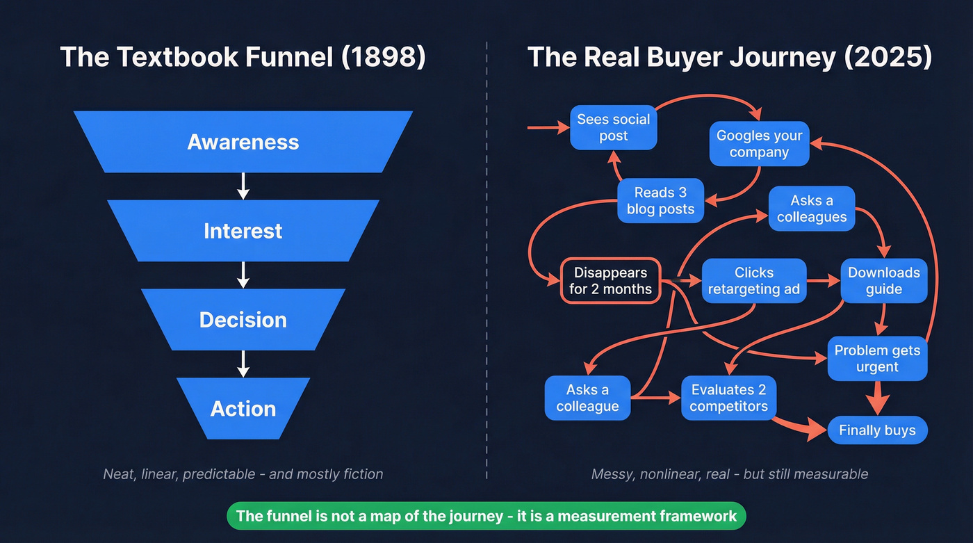 Linear funnel vs messy middle pinball machine buyer journey comparison