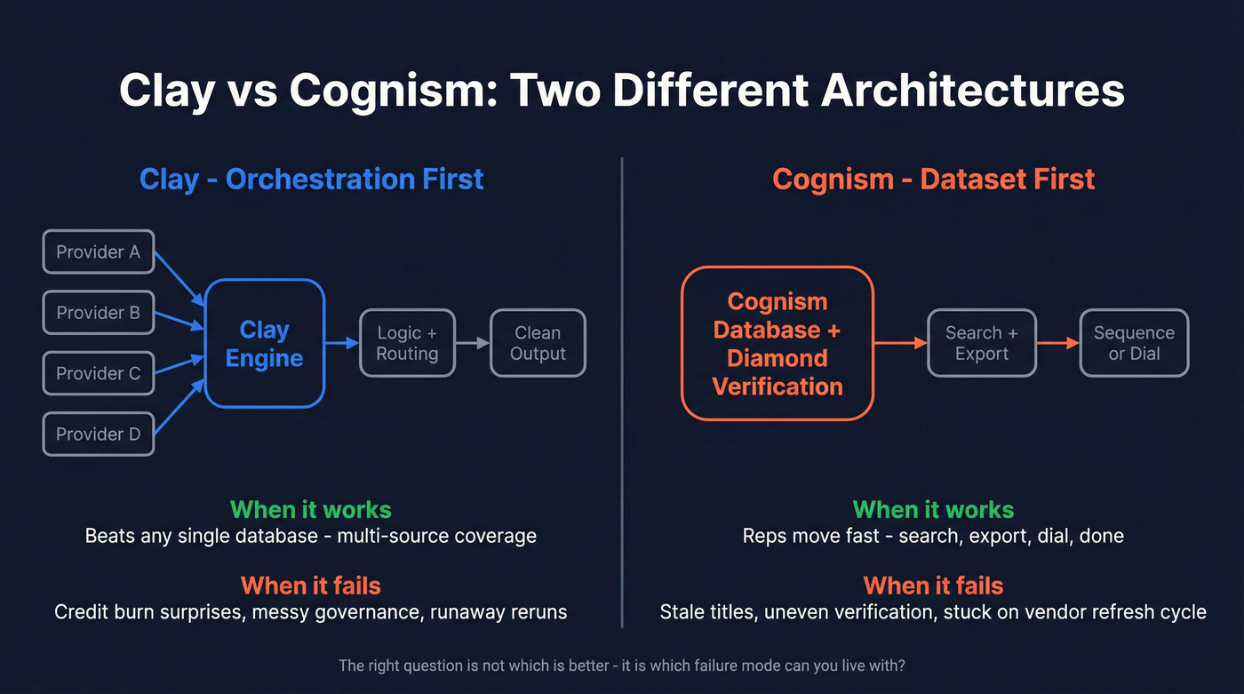 Clay orchestration-first vs Cognism dataset-first architecture comparison