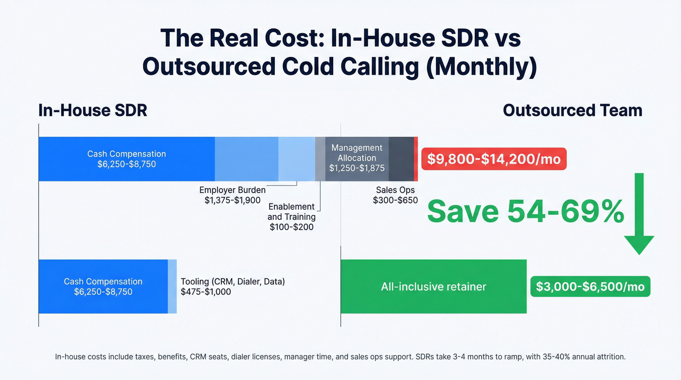 In-house versus outsourced SDR monthly cost breakdown comparison
