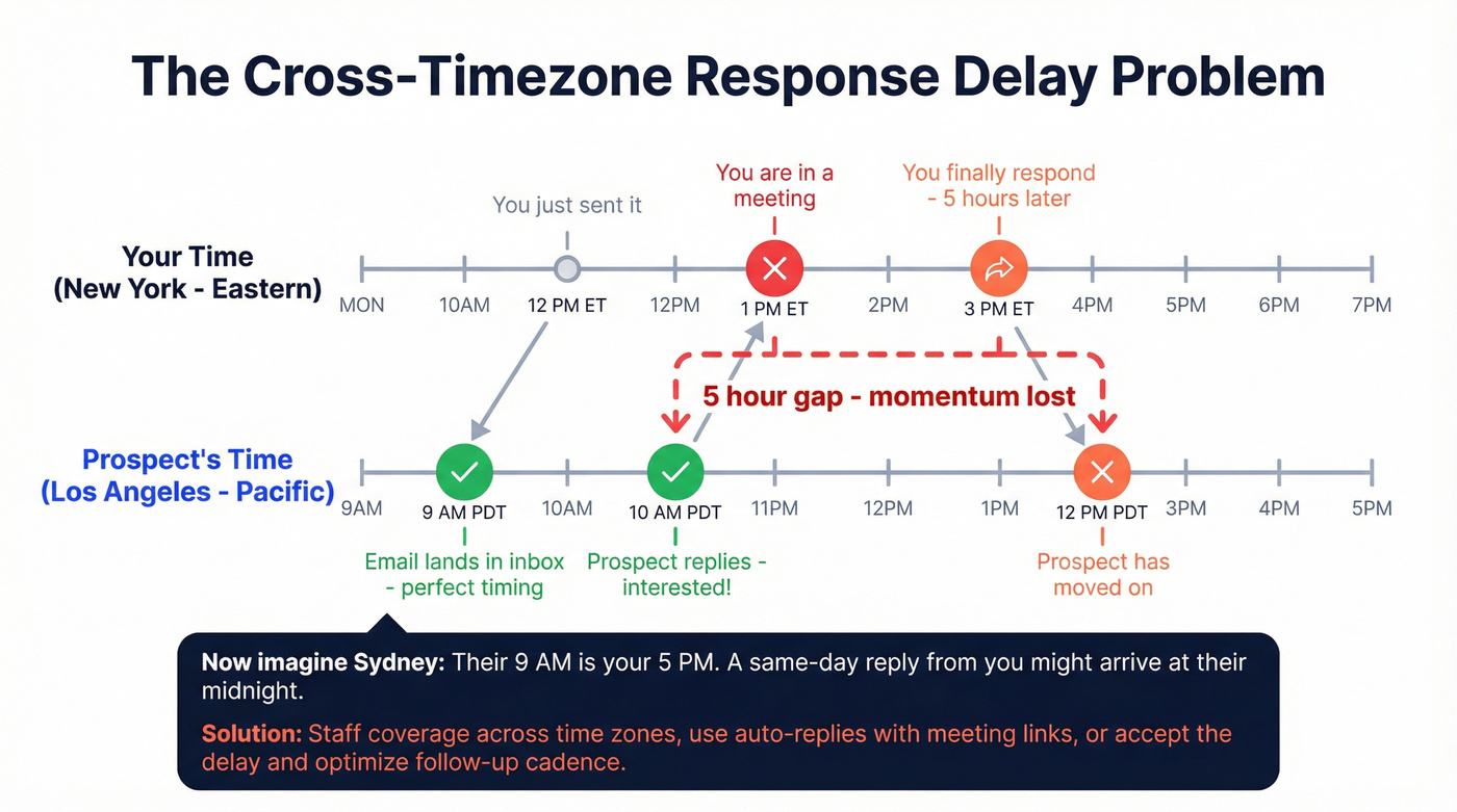 Timeline showing cross-timezone response delay problem