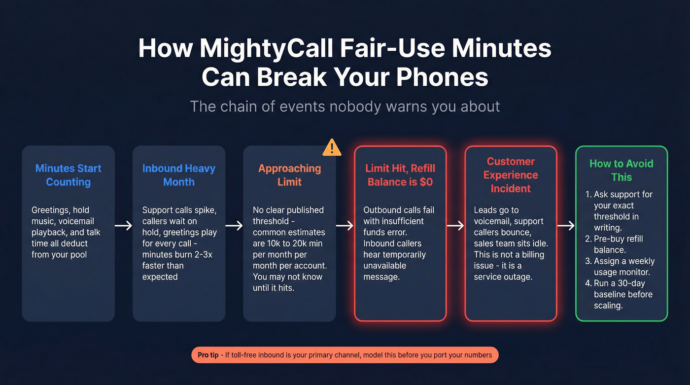MightyCall fair-use minute depletion and service impact flow chart
