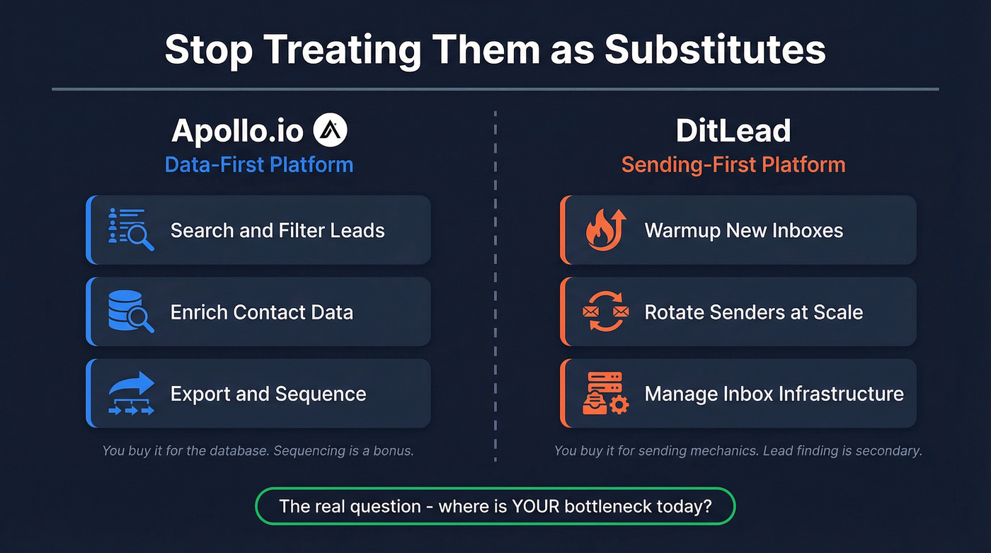 DitLead vs Apollo.io category split diagram showing data-first vs sending-first
