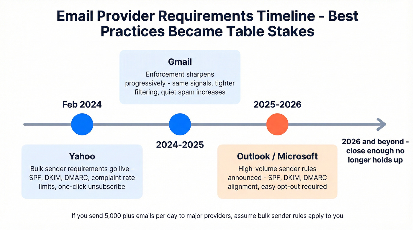 Timeline of major email provider requirement rollouts from 2024 to 2026
