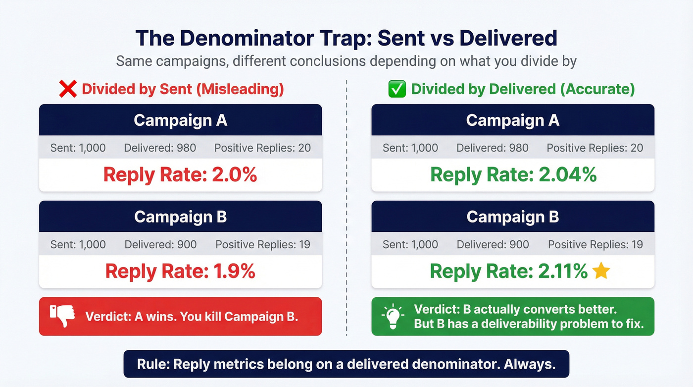 Side-by-side comparison showing wrong vs right denominator calculations
