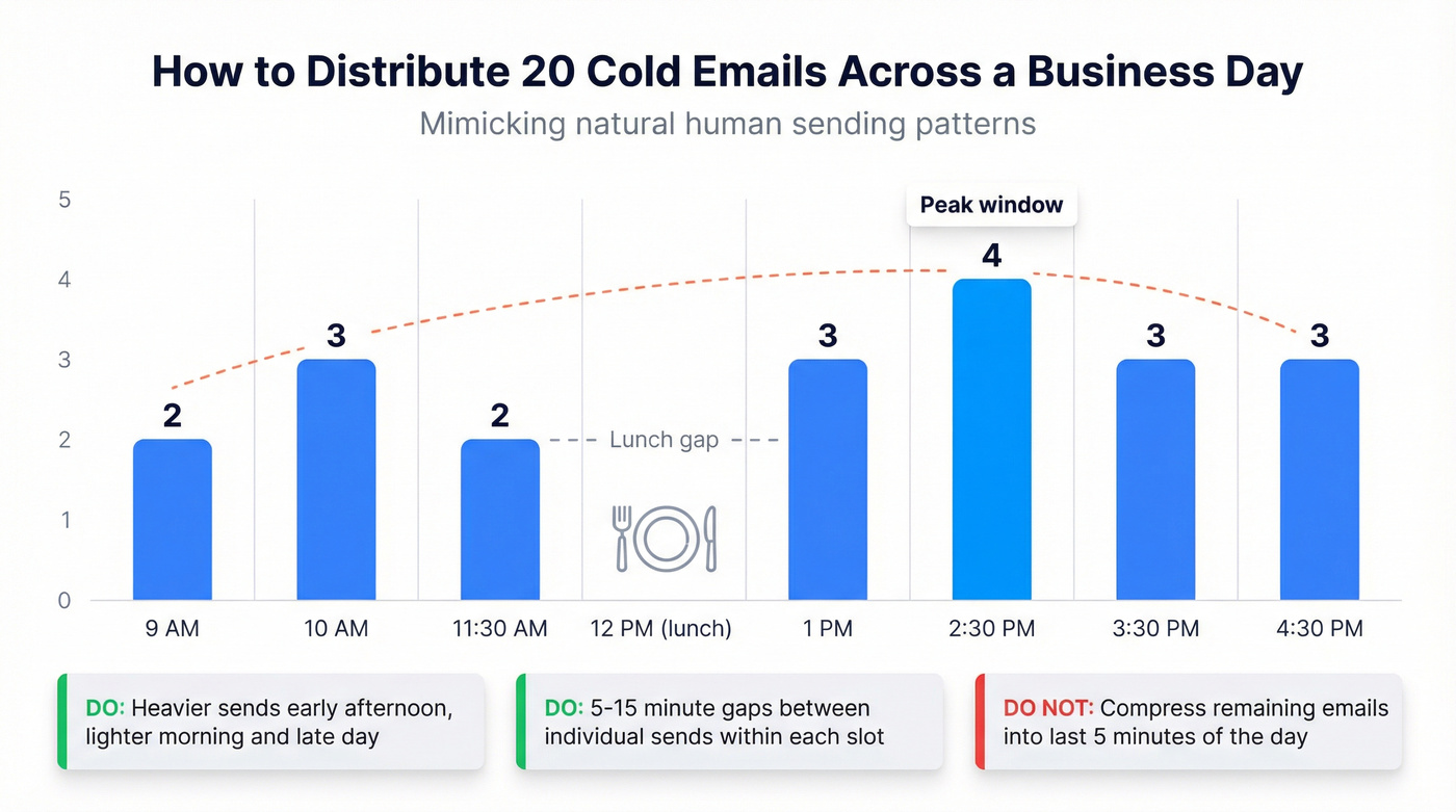 Hour-by-hour email distribution pattern for 20 daily sends