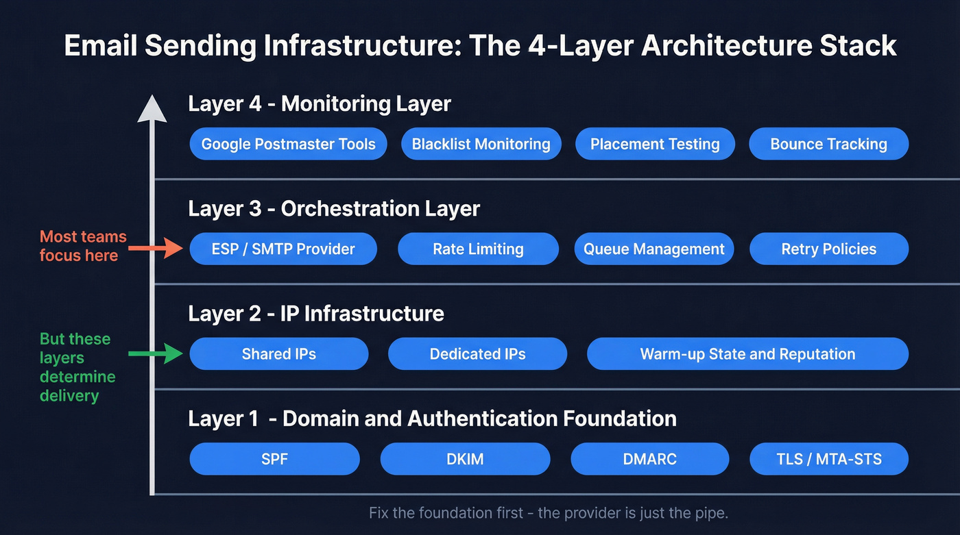 Four-layer email sending infrastructure architecture diagram