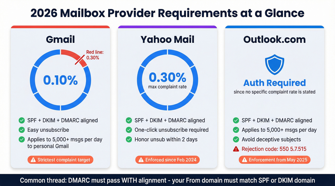 Gmail Yahoo Outlook 2026 spam threshold requirements comparison