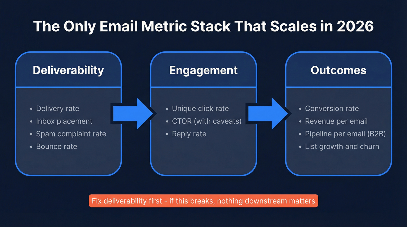 Email metric stack: deliverability to engagement to outcomes