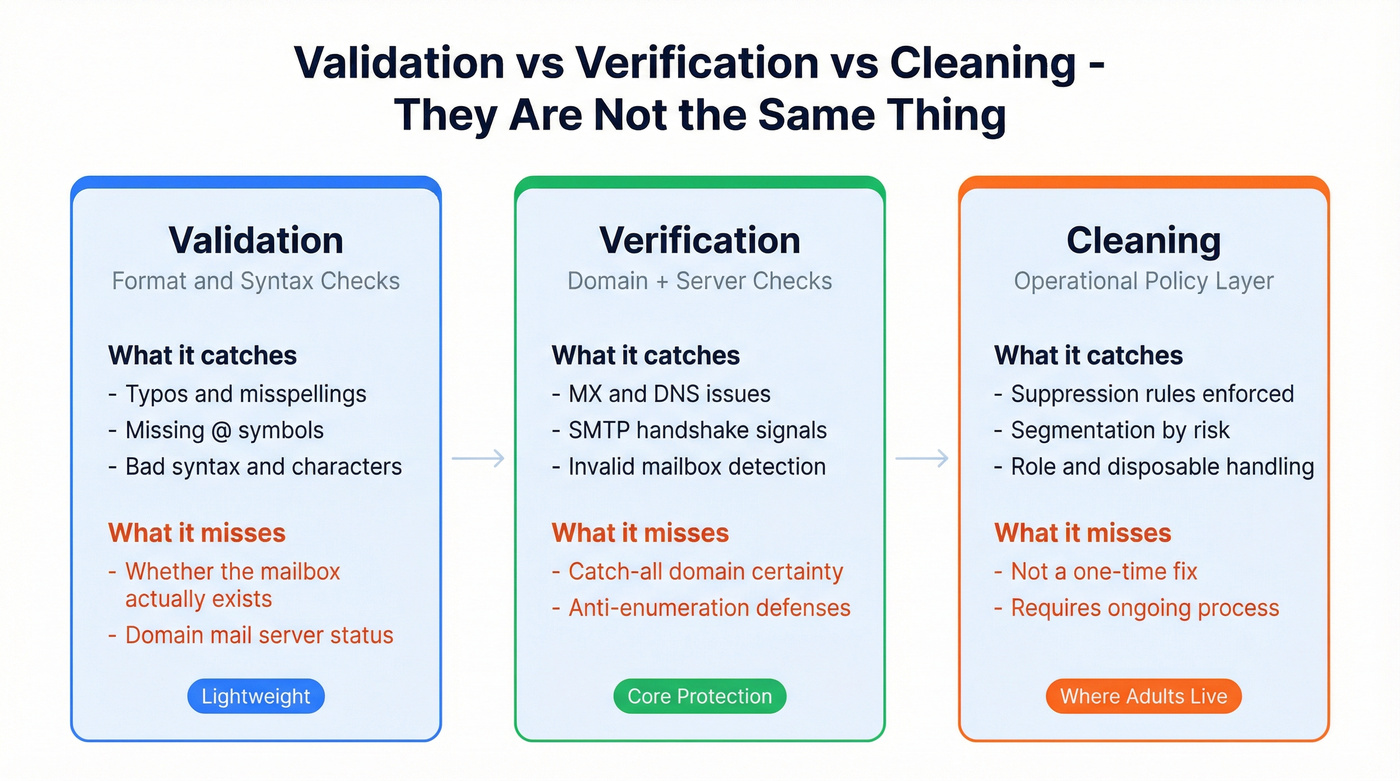 Validation vs verification vs cleaning comparison diagram