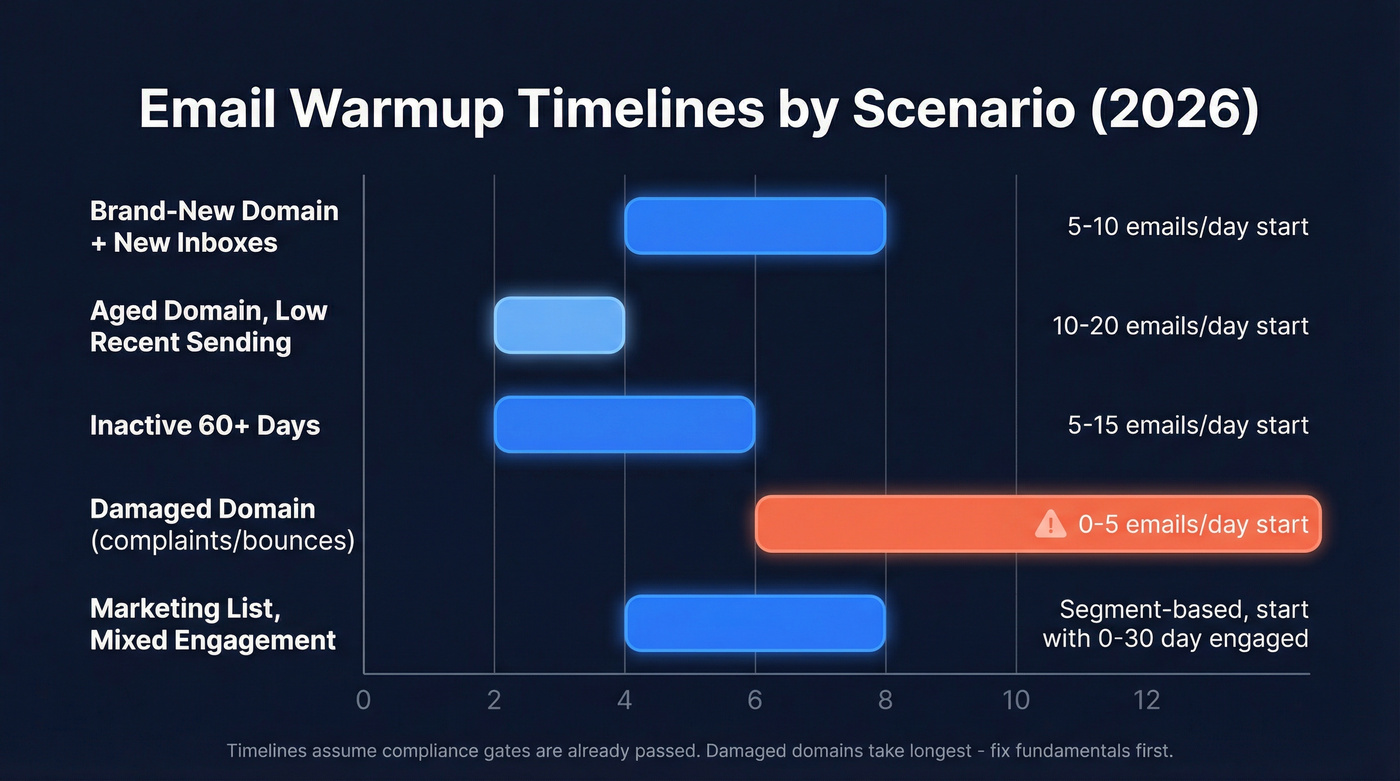 Warmup timeline expectations by scenario type