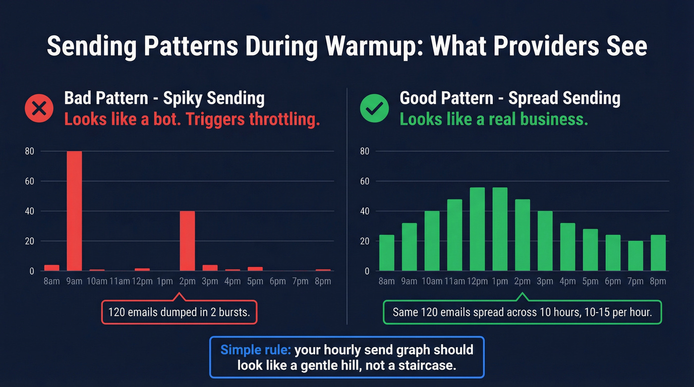 Good vs bad email sending patterns hourly comparison