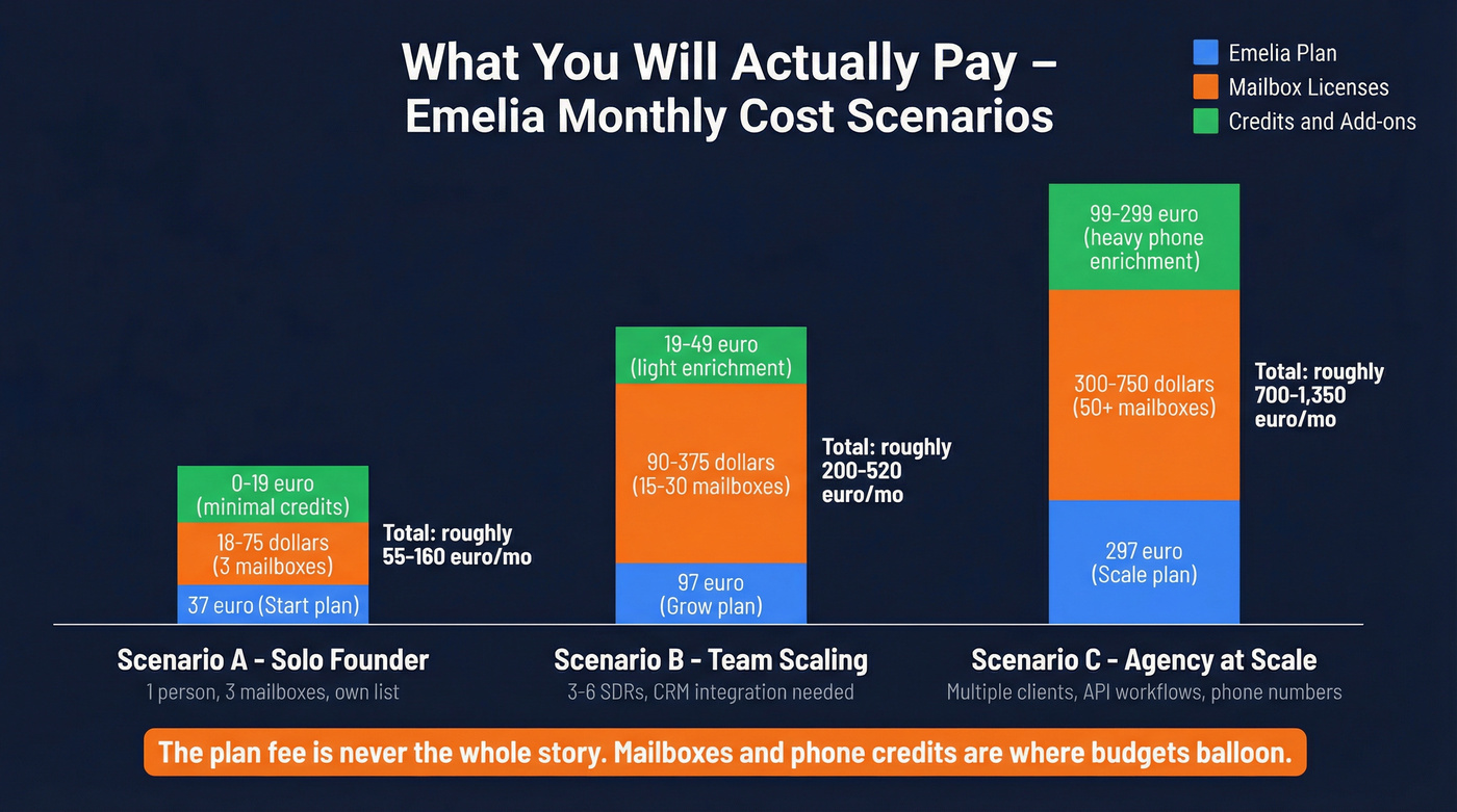 Emelia true cost breakdown for three user scenarios