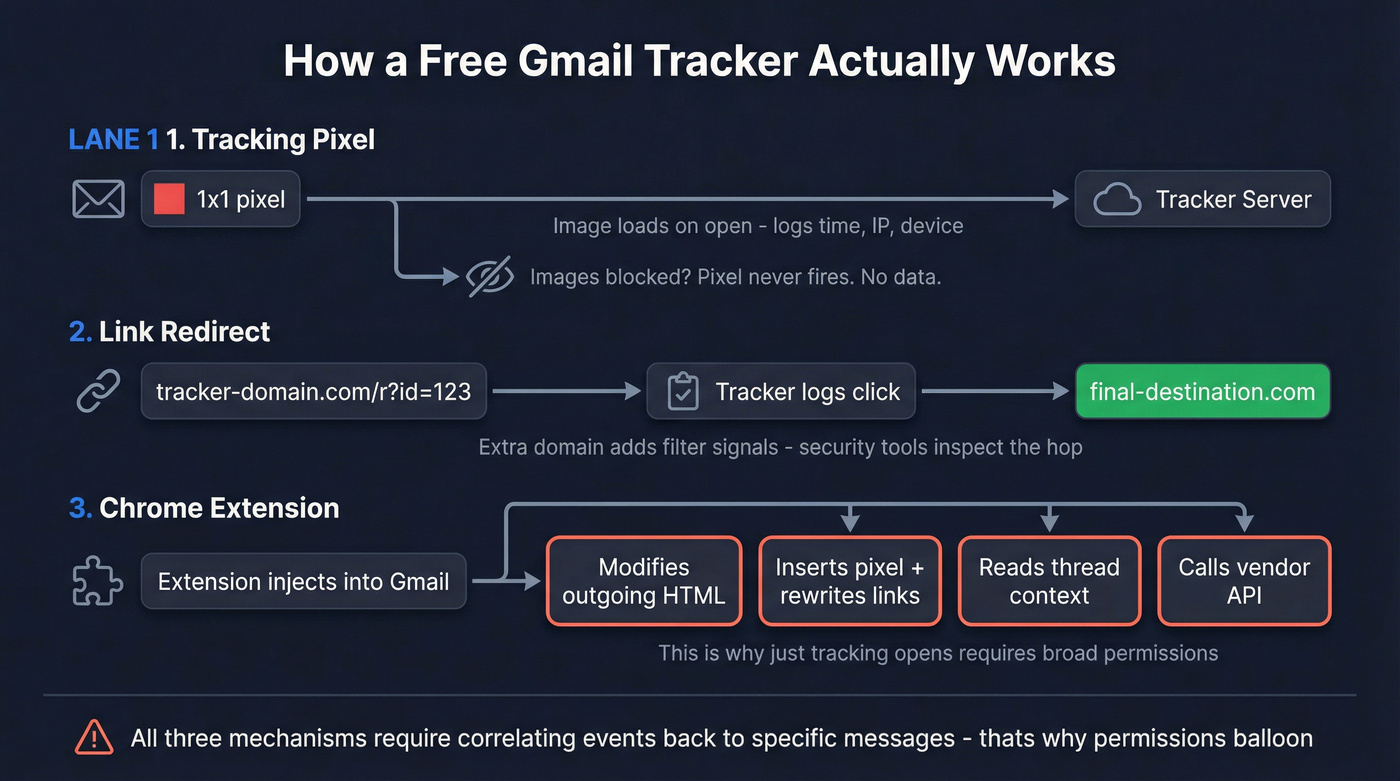 Gmail tracker flow showing pixel, link redirect, and extension mechanics