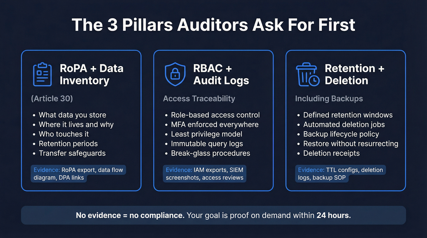 Three pillars of GDPR database compliance with evidence examples