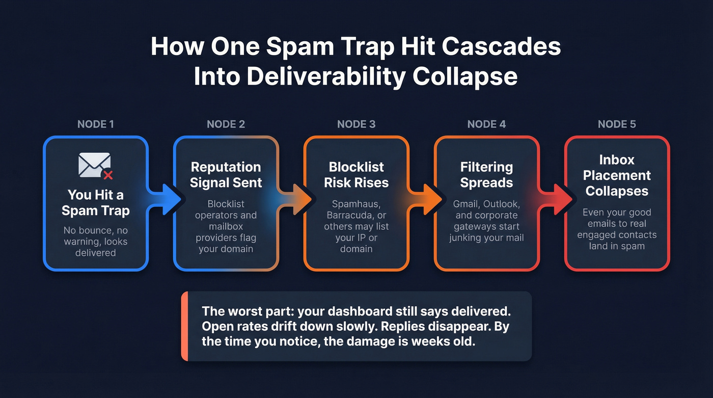 Chain reaction from spam trap hit to deliverability collapse