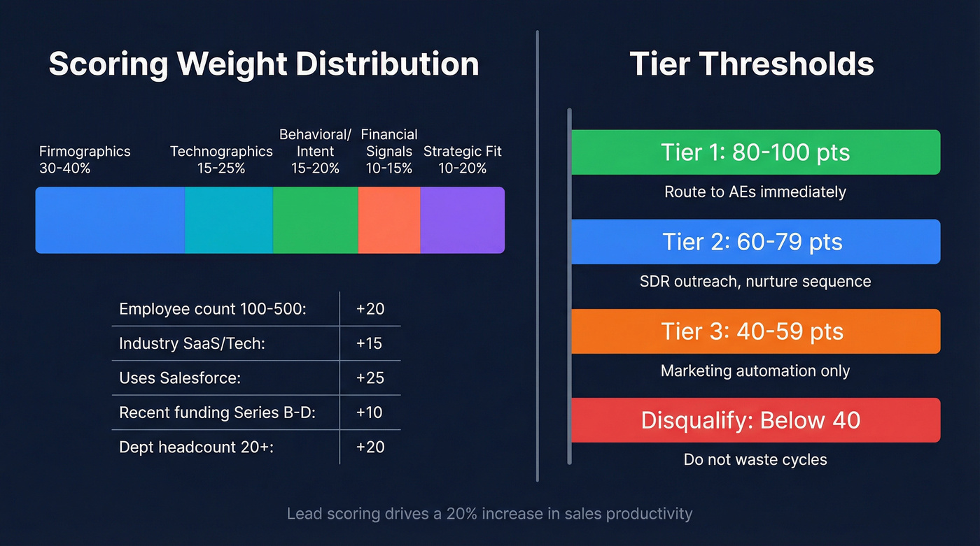 ICP scoring model weight distribution and tier thresholds