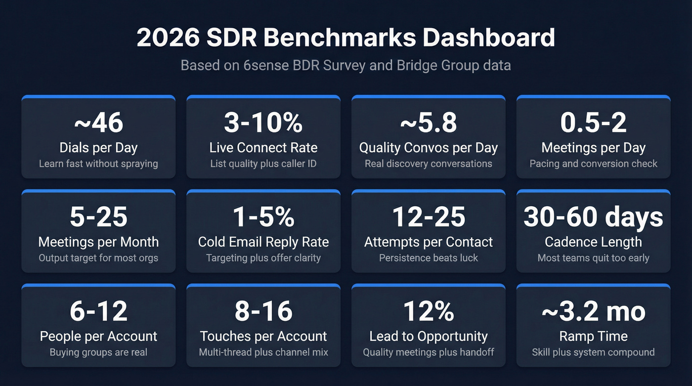 SDR benchmarks dashboard with key metrics and healthy ranges