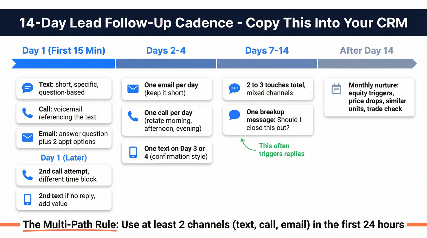 14-day multi-channel lead follow-up cadence timeline