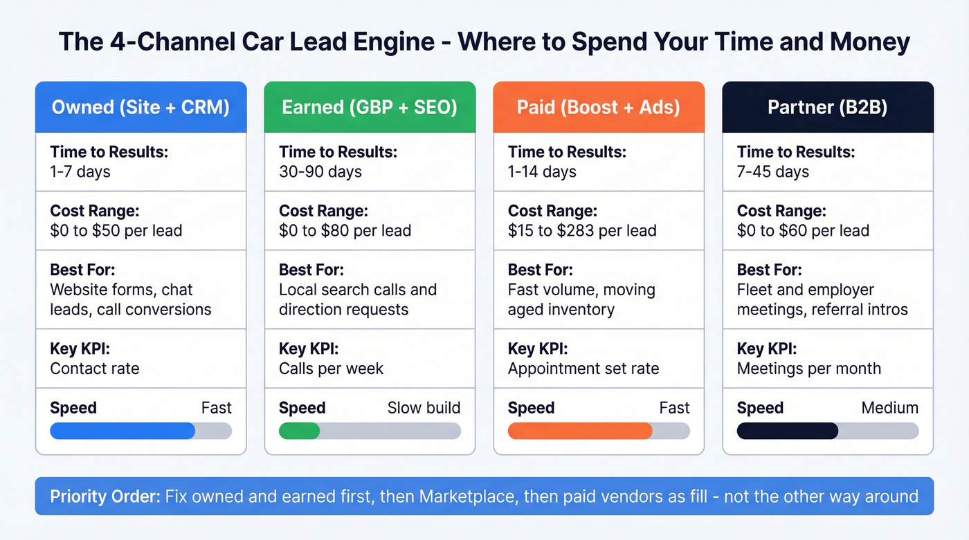 Four-channel car lead engine comparison with cost and timing