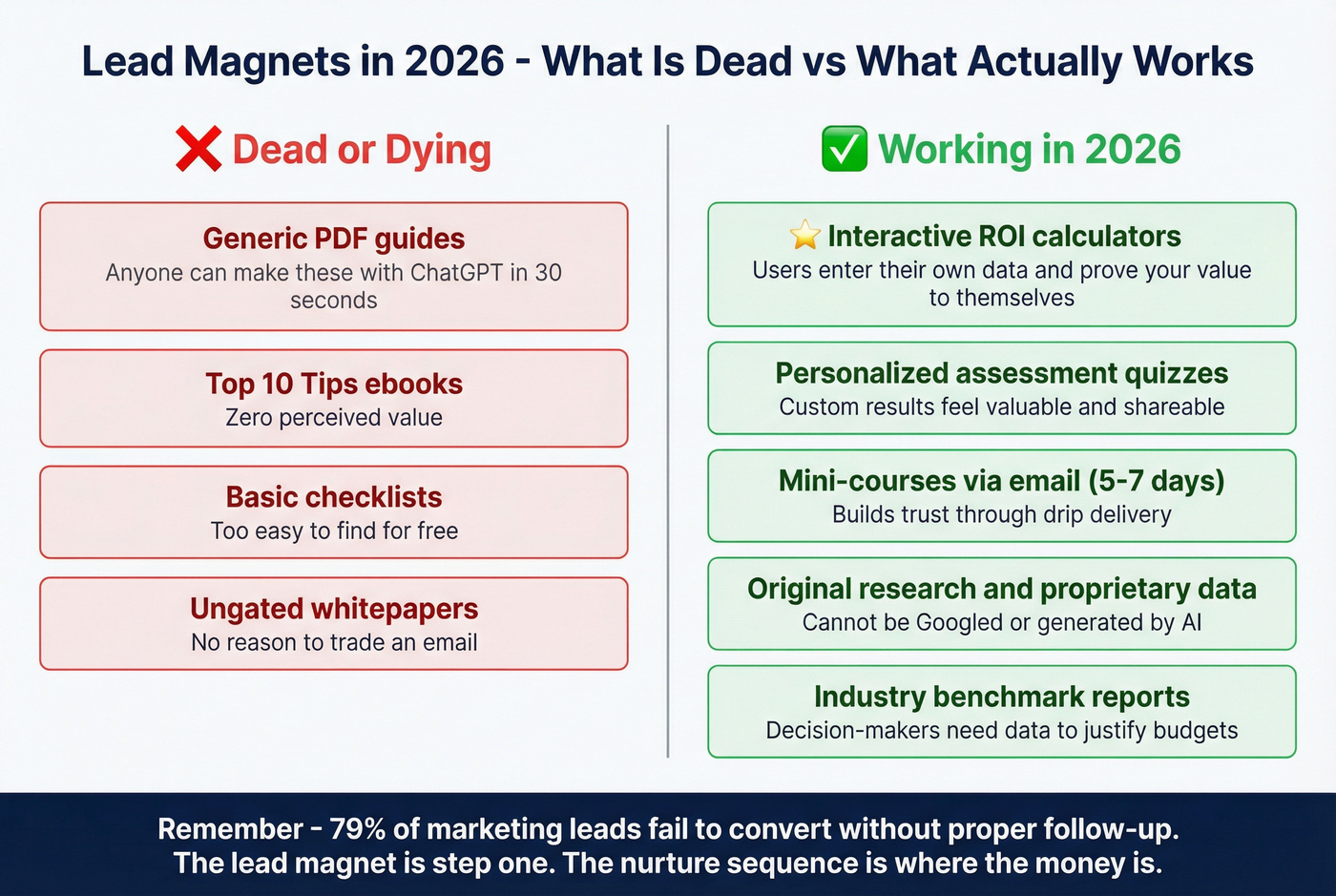Lead magnet effectiveness comparison showing dead vs working formats