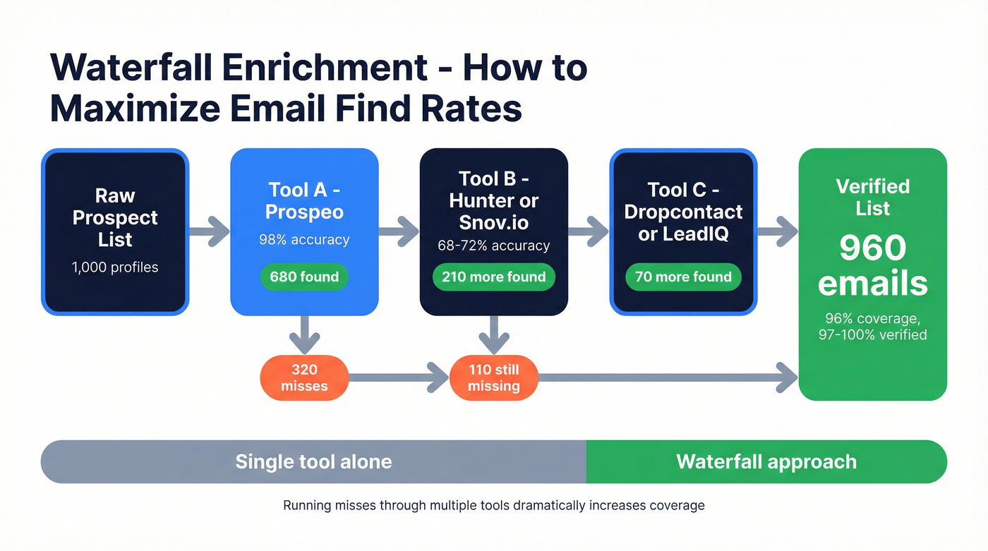 Waterfall enrichment workflow showing multi-tool email finding process