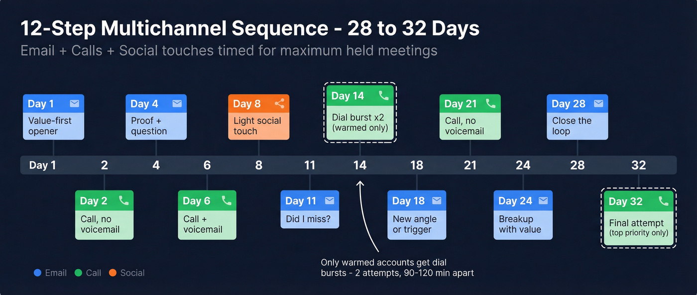 Visual timeline of 12-step multichannel sales sequence over 32 days