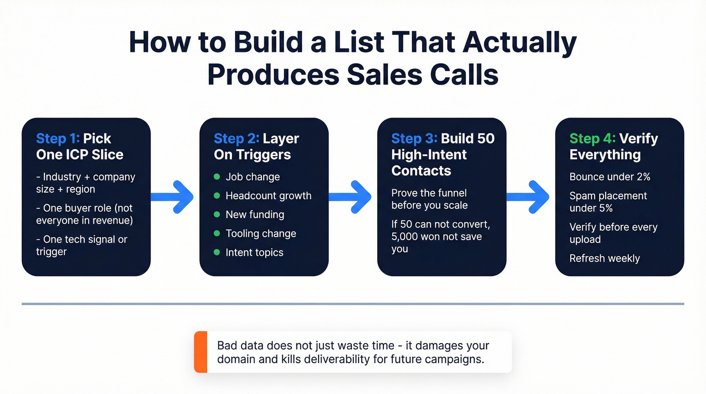 Four-step list building workflow from ICP to verified contacts