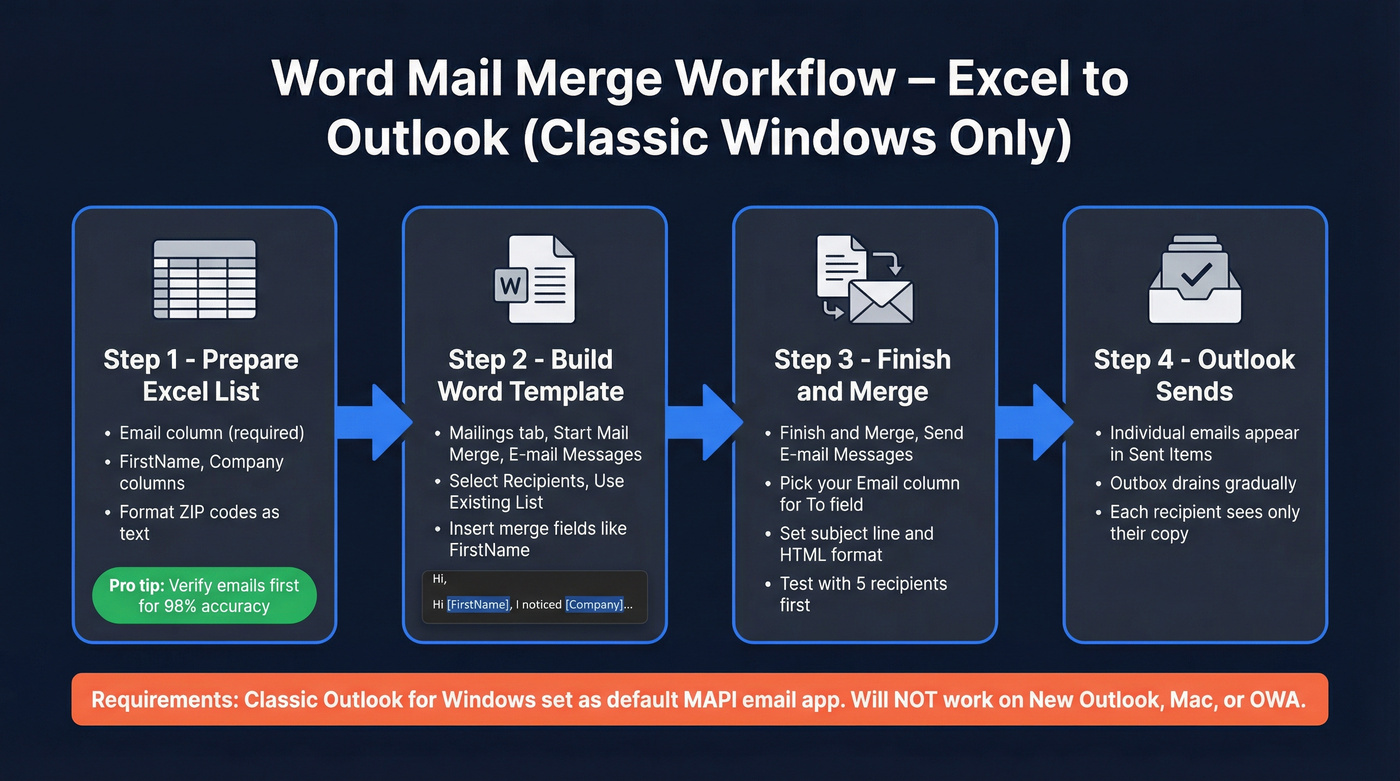 Step-by-step Word Mail Merge workflow from Excel to Outlook