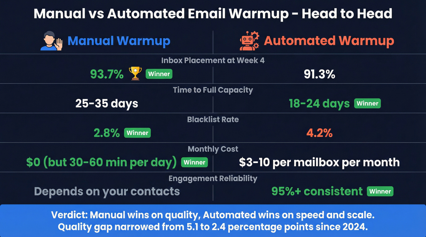Manual vs automated email warmup comparison chart