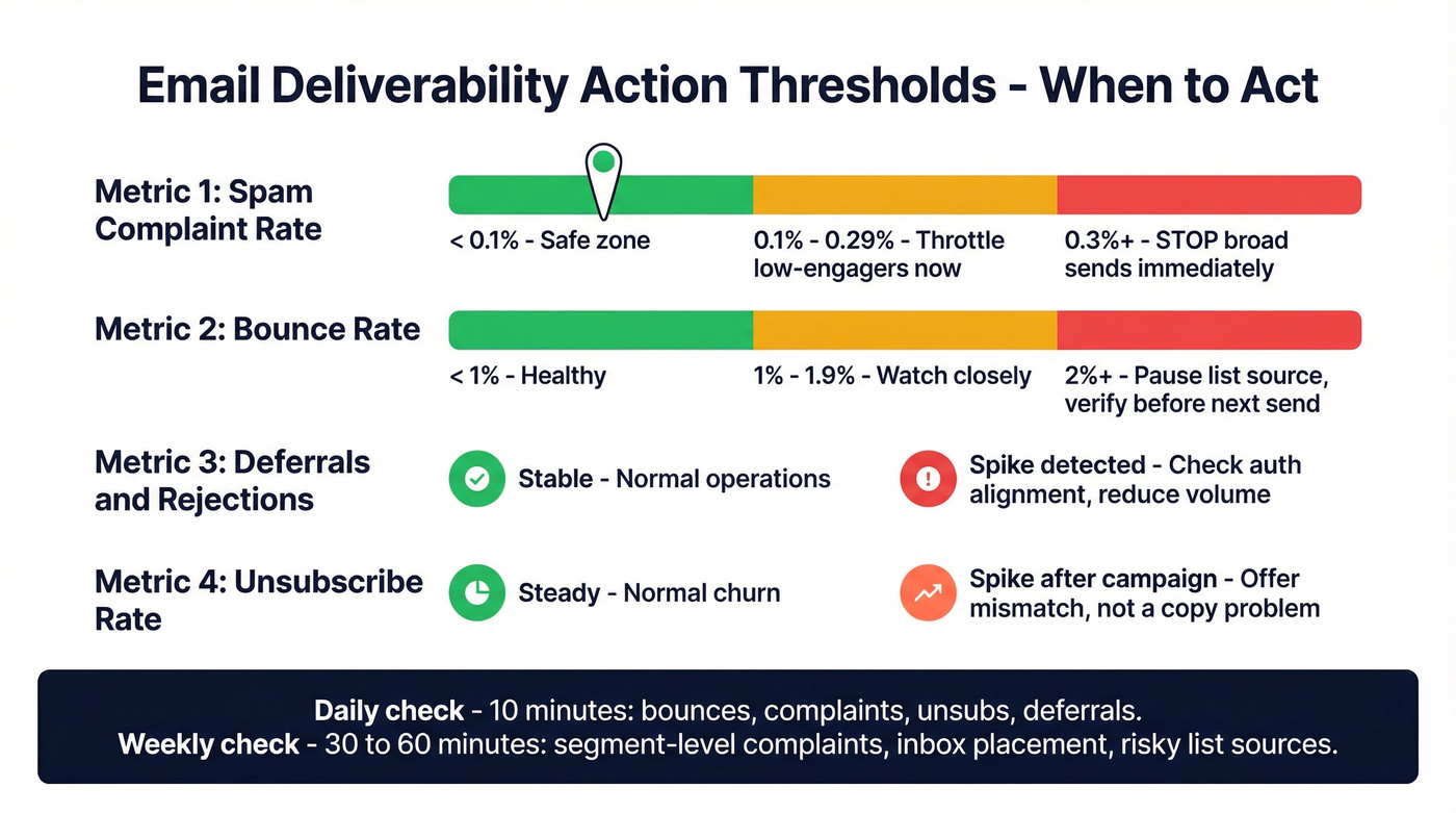 Action threshold dashboard for email deliverability monitoring