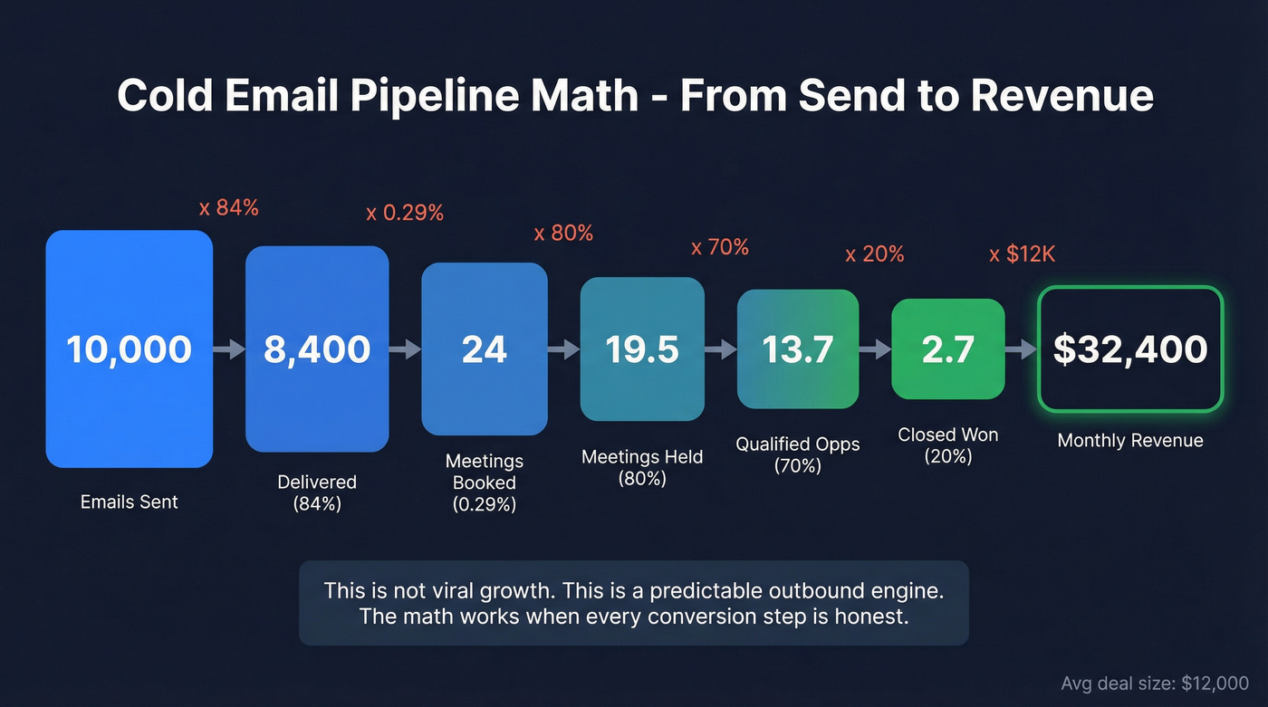 Cold email pipeline funnel from sent to revenue