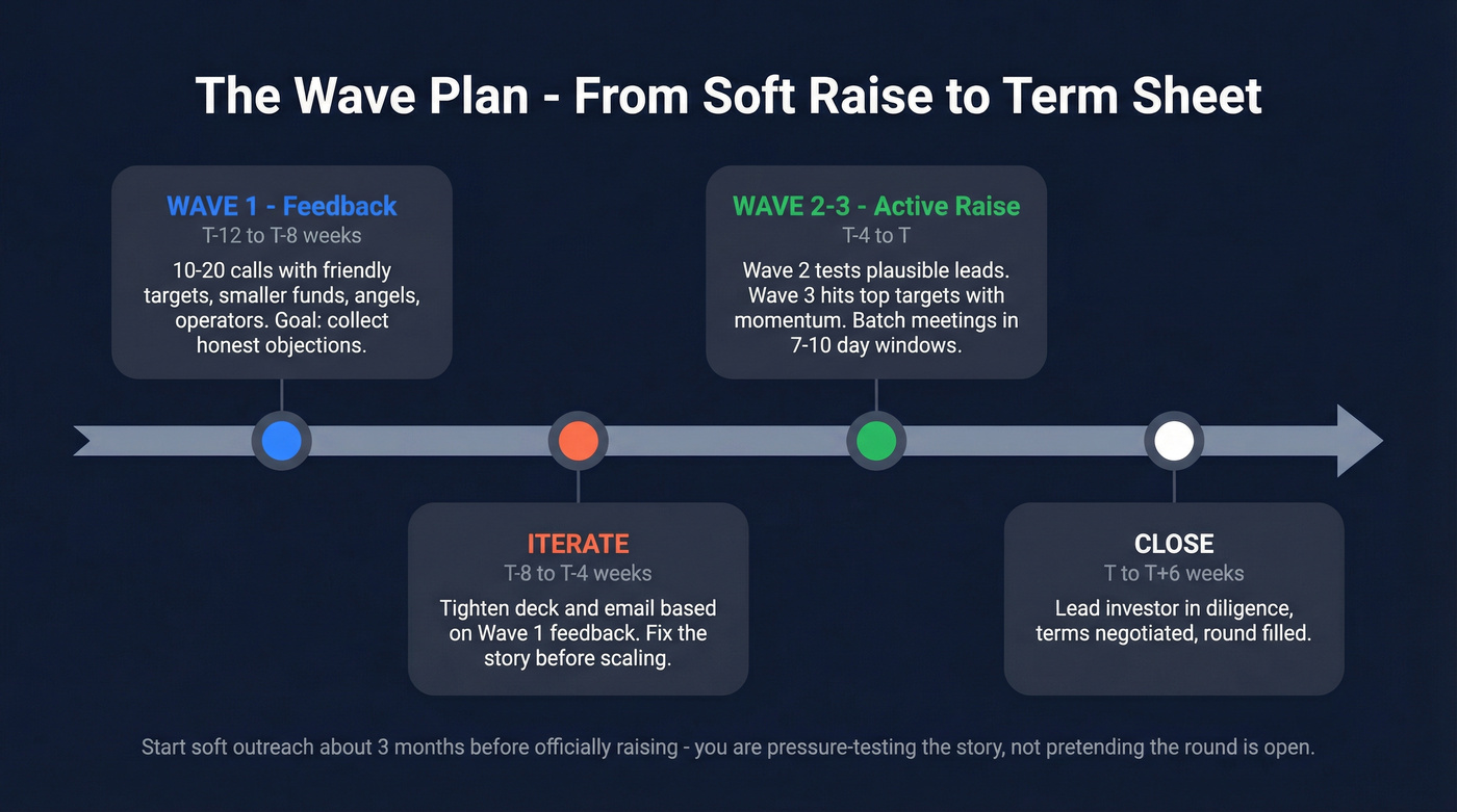Three-wave investor outreach timeline from soft raise to close