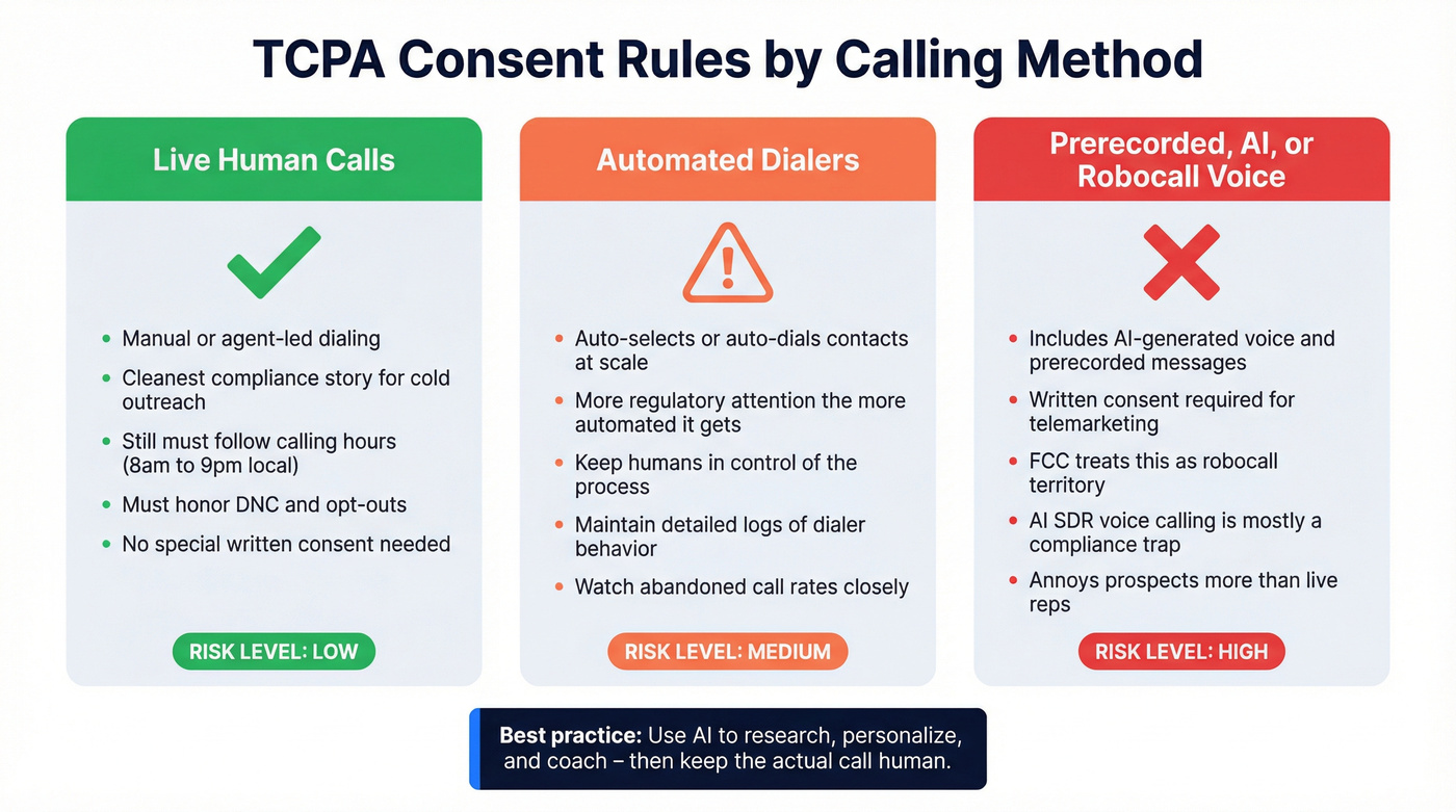 TCPA consent requirements by calling method comparison