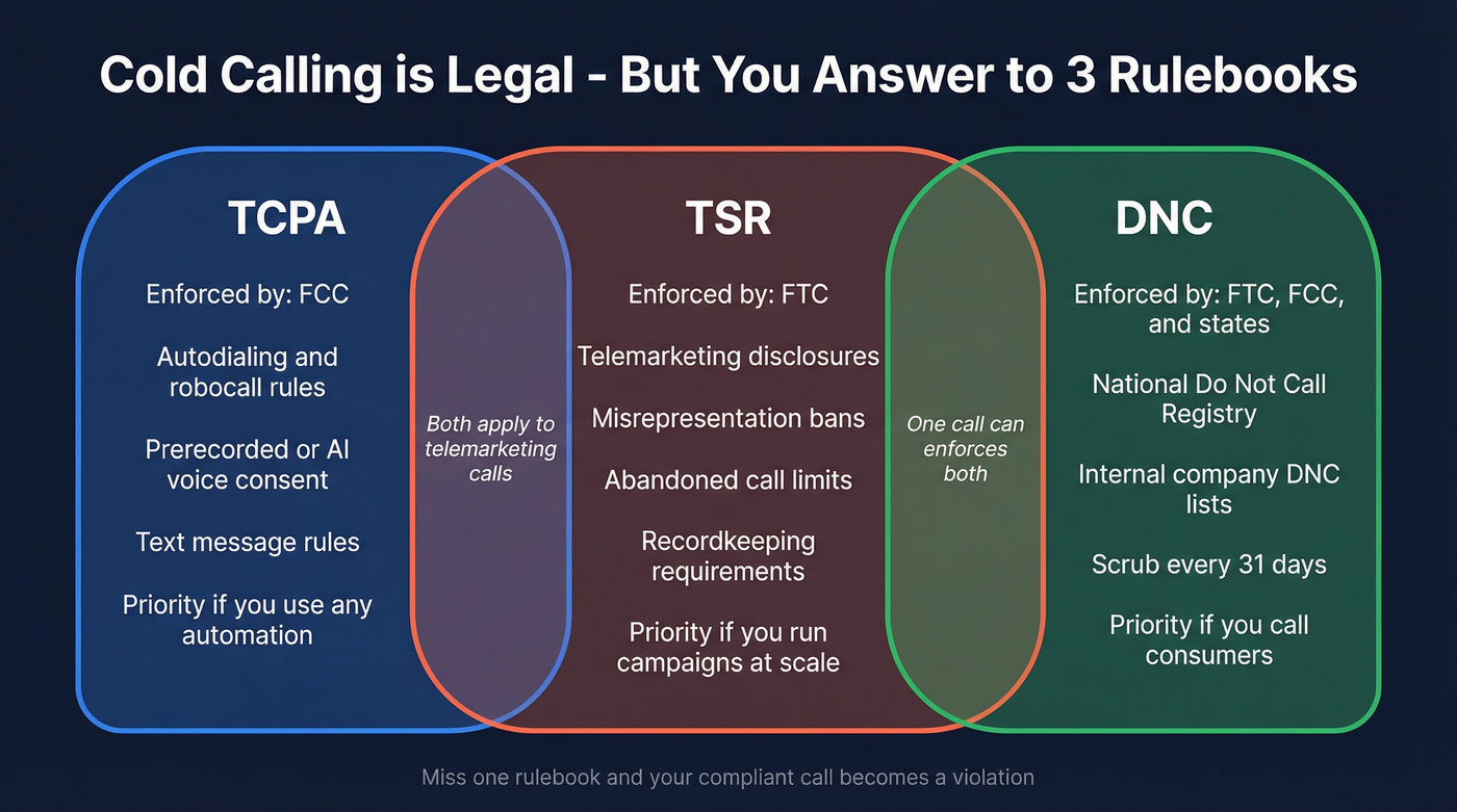 Three overlapping U.S. cold calling rulebooks compared