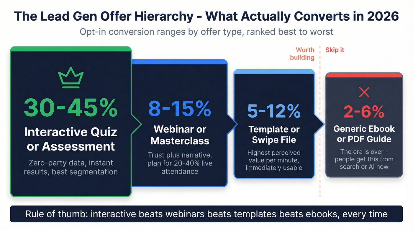 Lead gen offer hierarchy showing conversion ranges by type