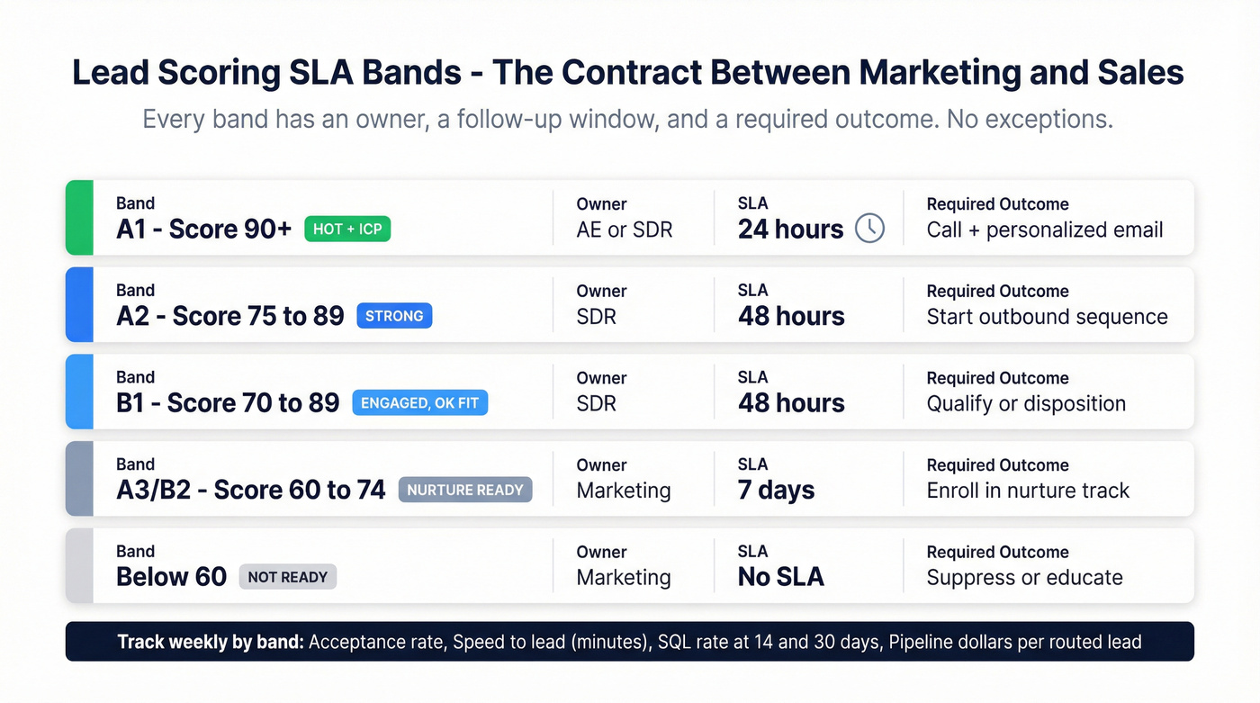SLA bands with owners and follow-up windows visualized