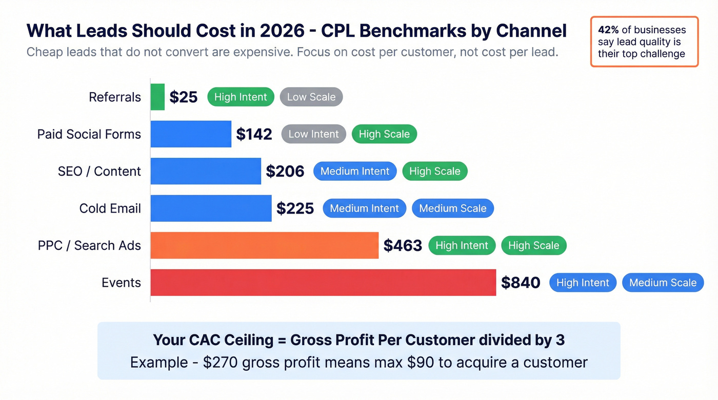 Cost per lead benchmarks by channel with quality ratings