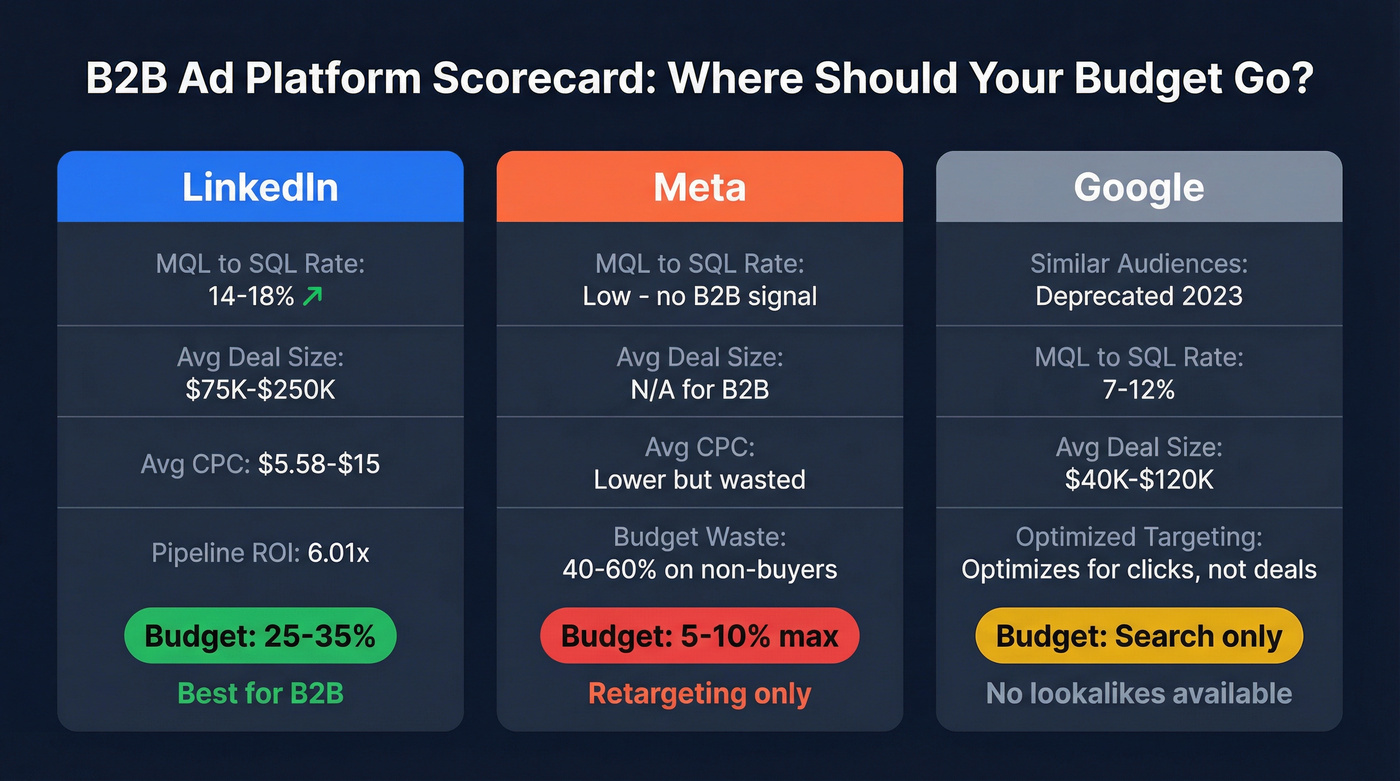 LinkedIn vs Meta vs Google B2B ad platform performance metrics